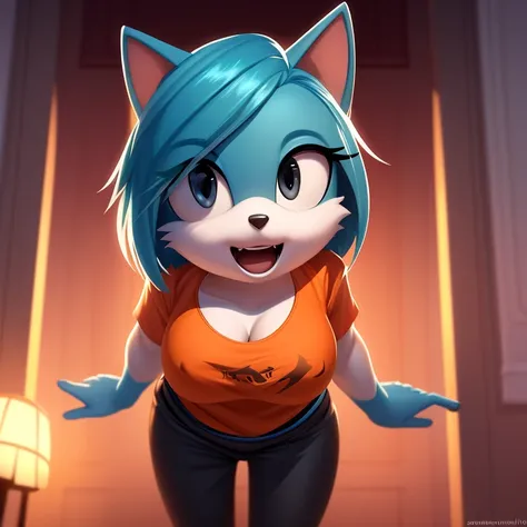 (mobian), solo, 1girl, (mobian cat, (turquoise body fur), black eyes, whiskers, bob haircut, medium breasts, cleavage, tall girl, long tail, white belly fur, open mouth, wide eyes, excited, playful, face focus, orange shirt, orange t-shirt, black trackpant...