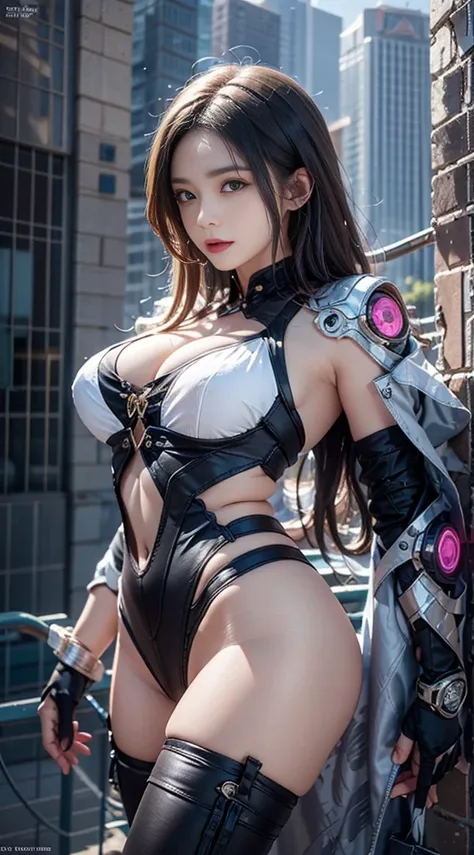 （（Best quality））， （（tmasterpiece））， （The content is very detailed：1.3）， 3D， shitu-mecha， Beautiful busty cyberpunk woman with her mech in the ruins of the forgotten war city， ancient technology， HighDynamicRange（HighDynamicRange）， Big breasts exposed，ray t...