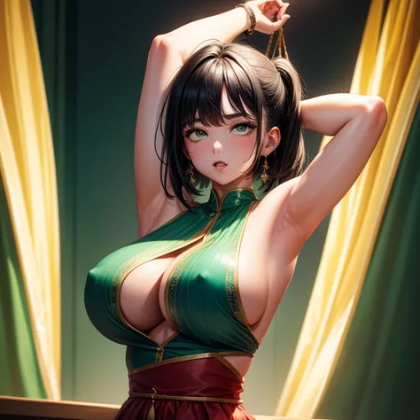 Raw photo, 8k uh, high quality,  Super detailed, (looking at the viewer:1.1), nice, beautiful, armpit, sleeveless shirt, black hair,Green,huge breast,