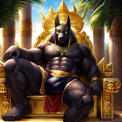 Anubis, portrait, male, stocky, thick body, furry, long spiky black fur, hairy body, manga, bara, sexy, in an open-air temple, lounging on a large ornate golden throne, loincloth bulge, open legs, lush oasis background, three-quarter angle, looking at came...