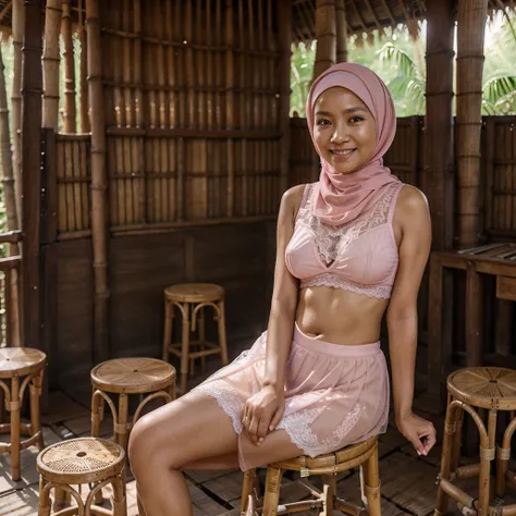 A 52 years old Indonesian woman in light pink hijab, wearing light pink bra, wearing very short see-through light pink lace skirt, villager, poor woman, darker skin, curvier body, short body, smiling and sitting alone on a stool in an old bamboo cabin in a...