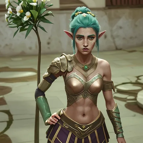 Warrior female elf, mulher esbelta, de pele branca com sardas no rosto, longos cabelos cor de bronze todo florido e olhos verdes. Traja no seu torso uma meia armadura dourada e azul, with flower patterns in shades of green. No seu ombro esquerdo uma ombrei...