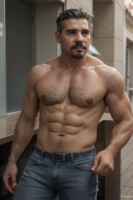 ultra detallado, 1 hombre, macho maduro, muscular, deportista, piel bronceada, latino, 36 years old, negro hair, gray fur, barbas de chivo, cabello demasiado cortado, serious expression, shirtless, cuerpo completo blue Jeans