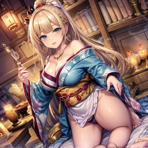 masterpiece, highest quality, (((ソロMature Womanジャネット))), (((Platinum Blonde Hair))), ((long braided ponytail)), (((Wide Hips))), (((Bright Blue Eyes))), Fuller lips, Captivating smile, Cleavage, (((Seated on a wooden throne))), (((Bookshelf, Candles))) sun...