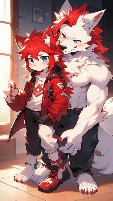 trouser ,white wolf, red hair, blue eyes, 