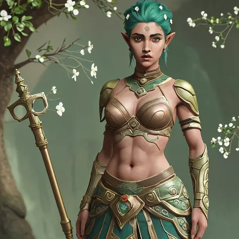 Warrior female elf, mulher esbelta, de pele branca com sardas no rosto, longos cabelos cor de bronze todo florido e olhos verdes. Traja no seu torso uma meia armadura dourada e azul, with flower patterns in shades of green. No seu ombro esquerdo uma ombrei...