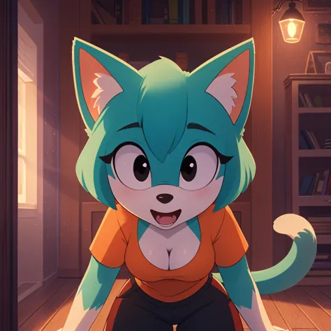 (mobian), solo, 1girl, (mobian cat, (turquoise body fur), black eyes, whiskers, bob haircut, small breasts, cleavage, tall girl, long tail, white belly fur, open mouth, wide eyes, excited, playful, face focus, orange shirt, orange t-shirt, black trackpants...