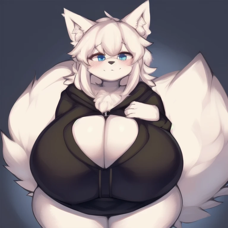 ((masterpiece, best quality)) by zackary911,zackary911, anthro, white fur, solo, one character, blue eyes, female, fluffy fur, big fluffy tail, huge breasts, huge butt, fluffy fur neck, long white hair, perfect hourglass figure, black hoodie