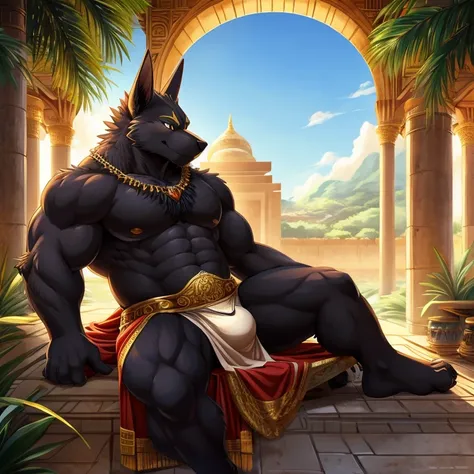 Anubis, portrait, male, stocky, thick body, furry, long spiky black fur, hairy body, manga, bara, sexy, looking at camera, in an open-air temple, lounging on a large ornate golden throne, open legs, bulge, lifting up loincloth with claw, lush oasis backgro...