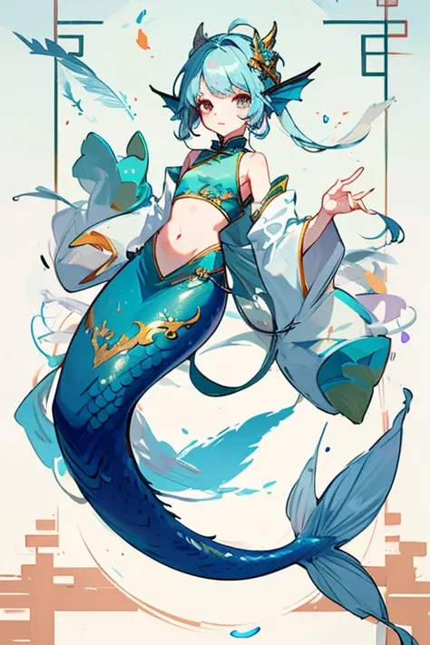 8 year old male mermaid、dragon&#39;s lower body、blue scales、long tail、big feather、chinese clothes、navel exposure