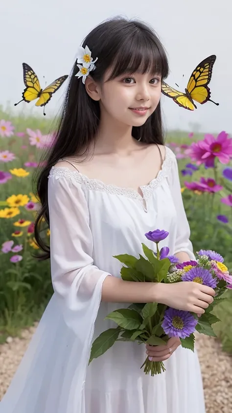 Beautiful girl in a fairy costume, surrounded by flowers and butterflies. content: Watercolor. style: Whimsical and delicate, Like an illustration in a children&#39;s book.