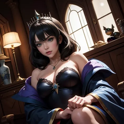 anime artwork of sharp detailed cinematic film look of fubuki as an evil queen, fubukidressed as evil queen staring at camera in...