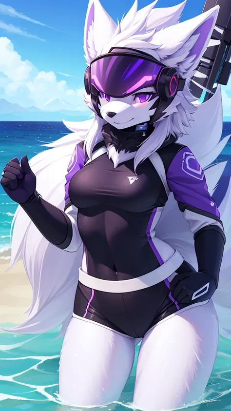 ((best quality, Masterpiece, perfect anatomy, Detailed pictures)), 1 female, arctic protogen, arctic wolf, Long visor, purple visor, purple eyes, sexy body, Big Pong, Future military clothing, fluffy tail, red red, shy, in the sea, front view