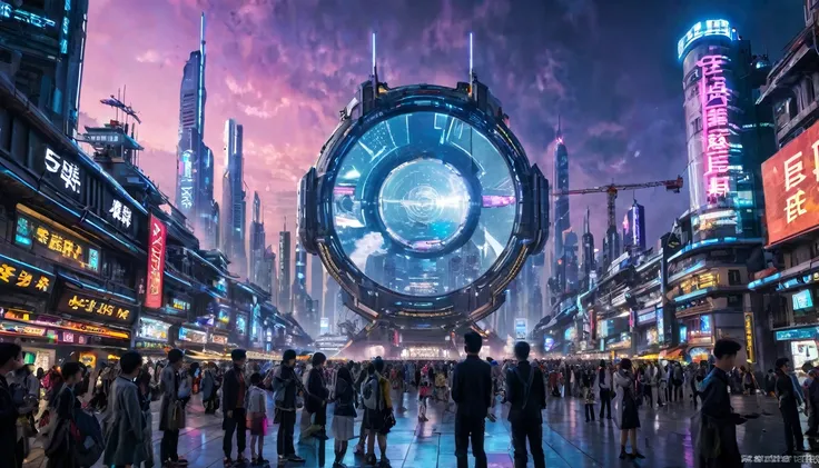 In the future world，Many people are wearing futuristic mecha costumes，In the Science Fiction Ring City Tomorrow Square，The future city square is a magnificent circular building，There is a square tower made of numbers in the center，Against the night sky。The...