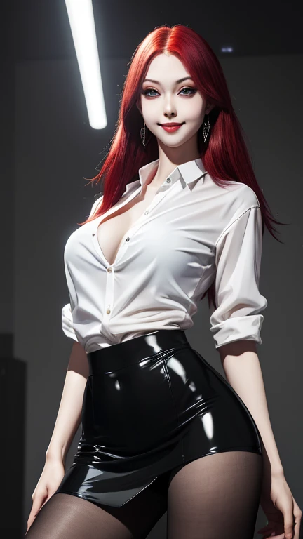 Ultra realistic, 16k, best quality, high resolution, erotic, 1 girl, 18 years old, long red hair, sexy eyes look, pale white skin, flushed cheeks, earrings, transparent shirt, sexy black latex skirt, big natural breasts, slender tall hot body, sexy smile, ...