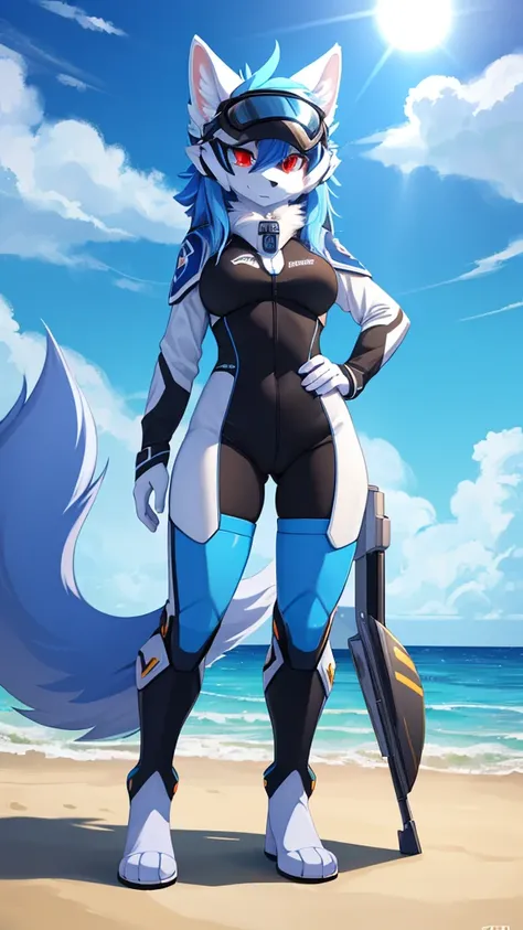 ((best quality, Masterpiece, perfect anatomy, Detailed pictures)), 1 female, arctic protogen, arctic wolf, Long visor, white visor, red eyes, blue hair, sexy body, Big Pong, Future military clothing, fluffy tail, shy, in the sea, front view