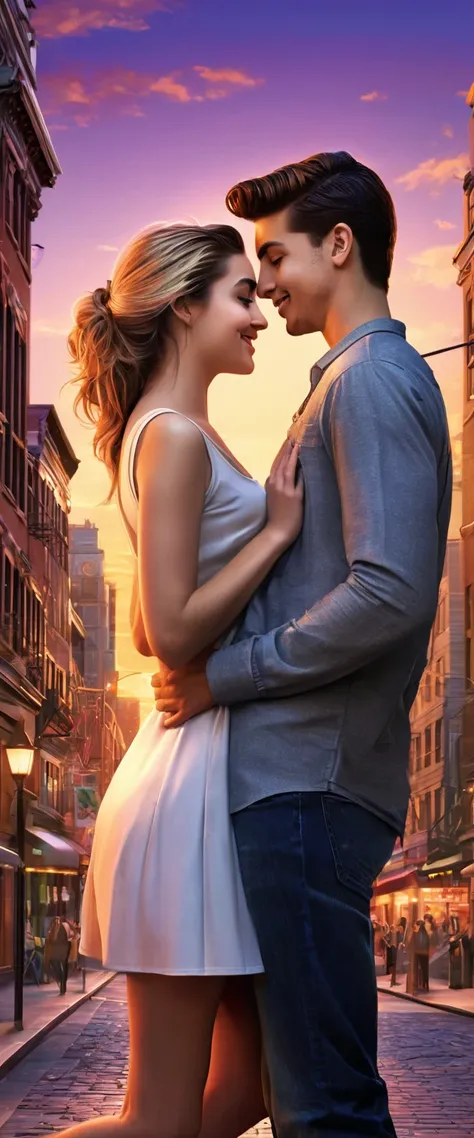 Creating a realistic world-class novel storybook cover tThe cover features an artistic depiction of a young couple in a playful pose, set against a backdrop of a bustling cityscape at dusk. 