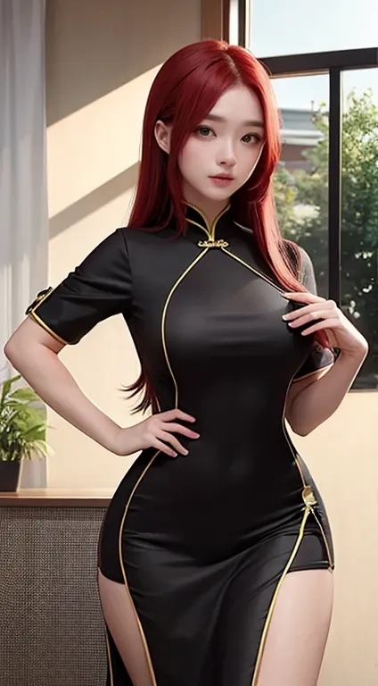 Red Hair，whole body，Black cheongsam