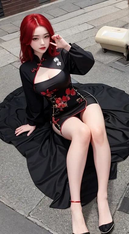 Red Hair，whole body，Black cheongsam