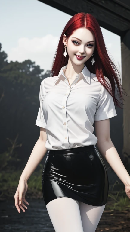 Ultra realistic, 16k, best quality, high resolution, erotic, 1 girl, 18 years old, long red hair, sexy eyes look, pale white skin, flushed cheeks, earrings, transparent shirt, sexy black latex skirt, big natural breasts, slender tall hot body, sexy smile, ...