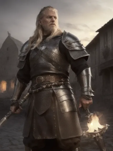 (best quality:1.3), movie shot, masterpiece, (Sharp focus:1.5), (Reality:1.3),  Full body portrait (An old viking warrior looking tired but still proud and fierce, Now the leader of his village, Wearing exquisite chain and leather armor, There are several ...