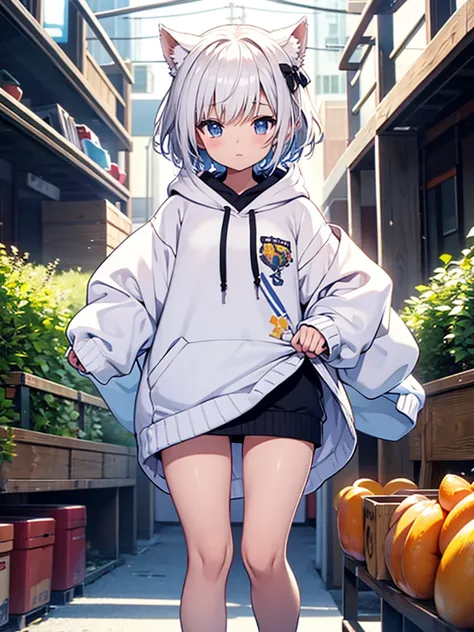 1girl、A simple long hoodie、Rib knit cuffs and hem、vtuber-fullbody、Milky white short hair、