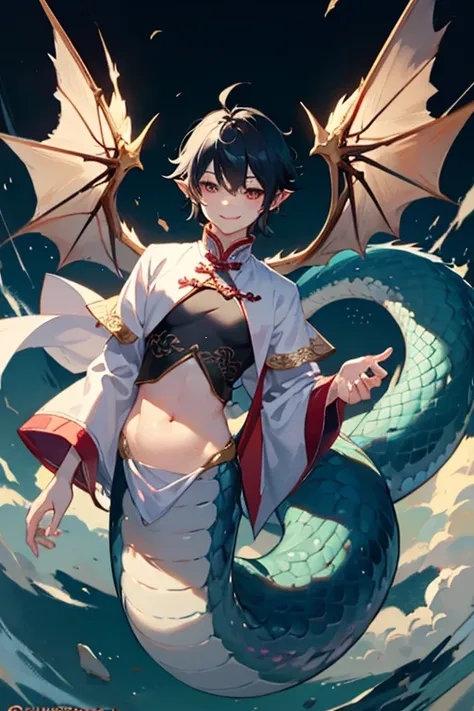 8 year old male lamia、dragon、chinese clothes、belly button、long nails、big wings、over the sky、floating、large depiction of the uppe...