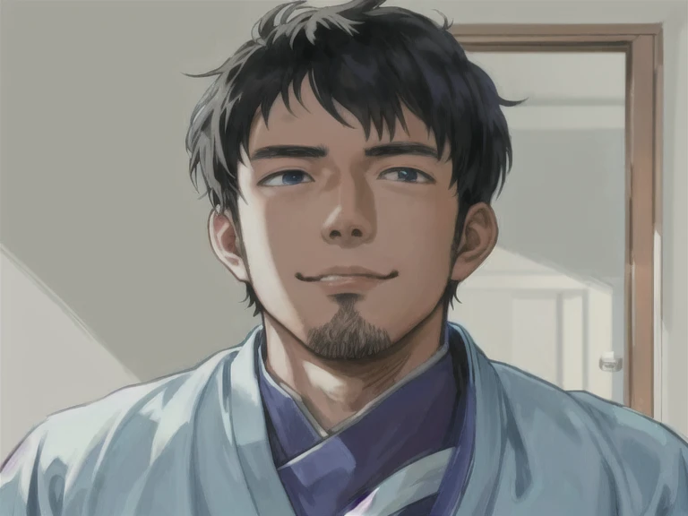 There is a man standing in front of a door, Anime handsome man, Animated portrait of a handsome man, he has a happy expression on his face, Kentaro Miura manga art style, Tall blue eyed anime guy, kentaro miura art style, painted in an anime painter studio...