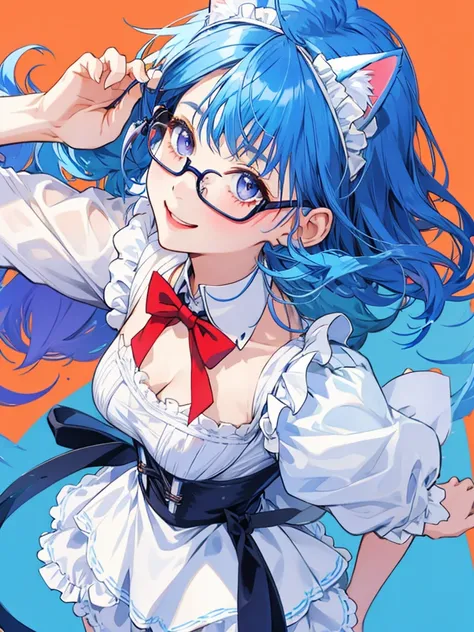 high school student　Blue Hair　Cat ear　Round-rimmed glasses　glasses girls　cute　beautiful girl　もう少し薄いBlue Hair　Gradation　Big Eyes　Well-formed face　One girl　Beautiful face　well-formed body shape　Beautiful breasts　Just the right size breasts　cool　cute　Adorable...