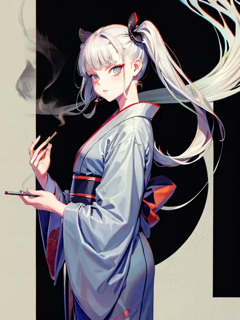 cigarette,Pipe,Gray Hair,Teen,neutral,kimono,Black background,An illustration,Fantasy,1 person,Twin tails