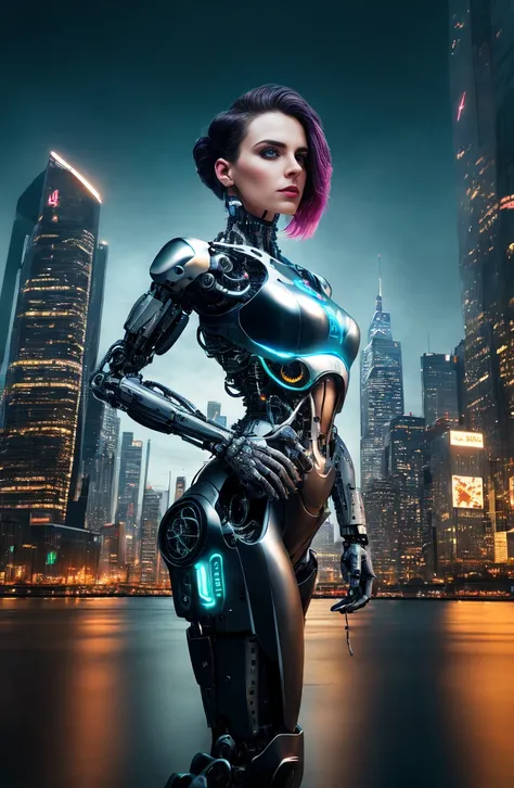 The intimate relationship of a male cyborg and a female cyborg in a skyscraper office in a big city, best quality, absurdres, masterpiece, beautiful, intricate details, 1/2 body crop, slim body, beautiful figure, magnificent anatomy, (intricate details:1.1...