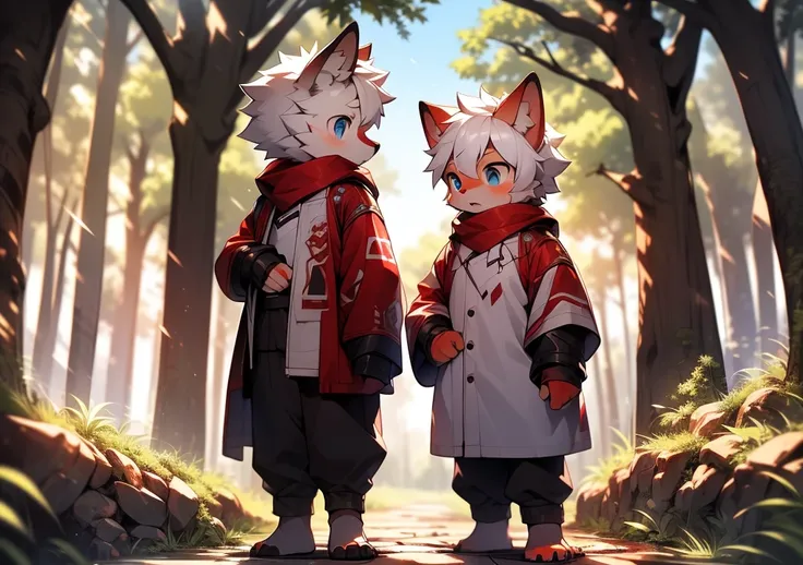 lustful boy，furry wolf，((Shota)), red and white hair, blue eyes, Very good shape, handsome，cute, light：Blurred light and shadow, reflective surface,Red skin，((damaged clothing，common people)) ，((Deep in the woods，stone path，signal，single，person only))，outd...