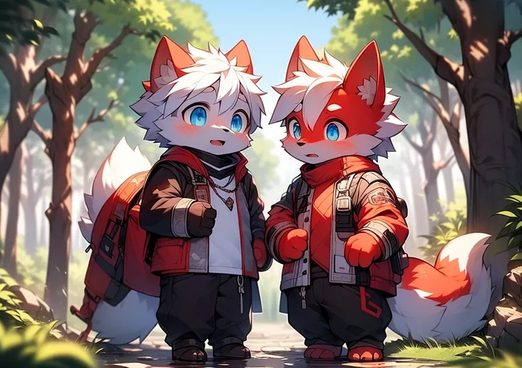 lustful boy，furry wolf，((Shota)), red and white hair, blue eyes, Very good shape, handsome，cute, light：Blurred light and shadow, reflective surface,Red skin，((damaged clothing，common people)) ，((Deep in the woods，stone path，signal，single，person only))，outd...