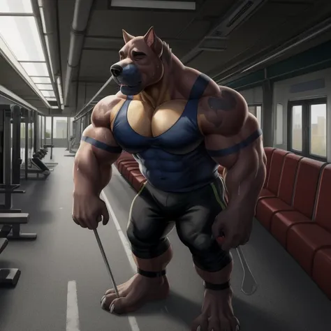 solo, anthro (Neapolitan mastiff, cane corso), full ears, brown and gray skin, detailed eyes, Gym: 1.6, sweat, heavy breathing: 1.5, correct anatomy, biceps, (muscular) thin, veins all over the body, (Normal clothing: 1.2), massive pecs:1.3, background an ...