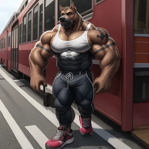 solo, anthro (Neapolitan mastiff, cane corso), full ears, brown and gray skin, detailed eyes, Gym: 1.6, sweat, heavy breathing: 1.5, correct anatomy, biceps, (muscular) thin, veins all over the body, (Normal clothing: 1.2), massive pecs:1.3, background an ...