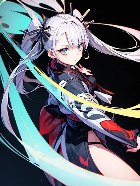 Pipe,Gray Hair,Teen,neutral,kimono,Black background,An illustration,Fantasy,1 person,Twin tails,dynamic