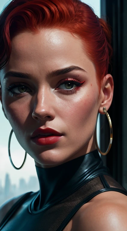 Close-up, uma supermodelo ruiva muito bonita com quadris muito largos e cintura estreita, full lips, cintura pequena e quadris grandes, Red lipstick, com roupas cyberpunk em uma cidade cyberpunk movimentada com placas de neon, neon lights, sharp focus, Stu...