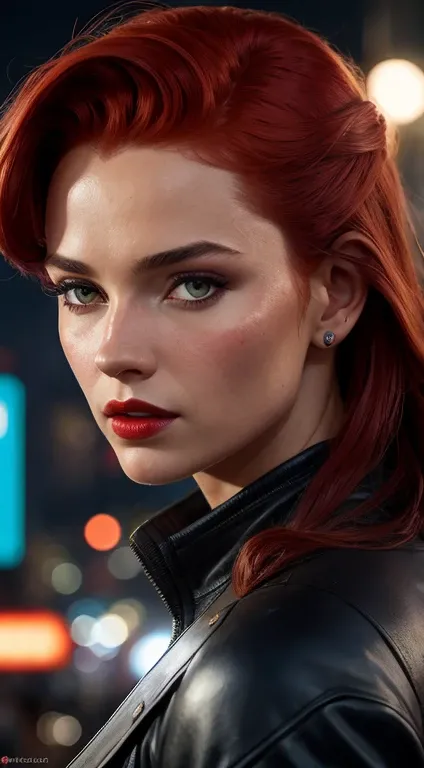 Close-up, uma supermodelo ruiva muito bonita com quadris muito largos e cintura estreita, full lips, cintura pequena e quadris grandes, Red lipstick, com roupas cyberpunk em uma cidade cyberpunk movimentada com placas de neon, neon lights, sharp focus, Stu...