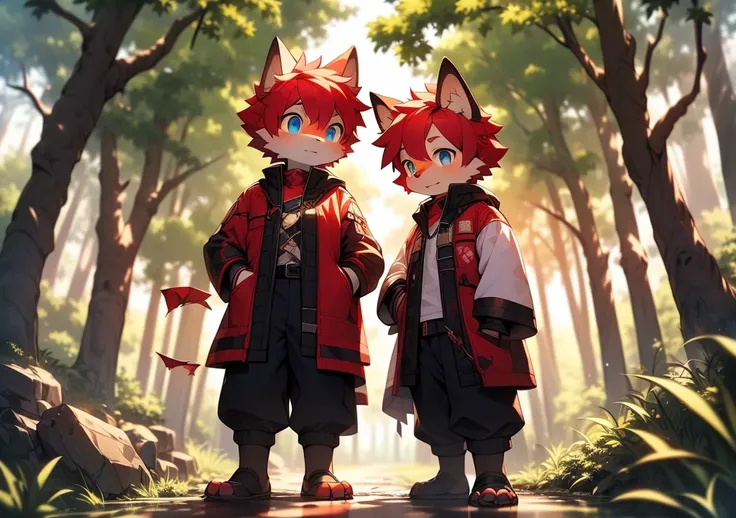 lustful boy，furry wolf，((Shota)), red hair, blue eyes, Very good shape, handsome，cute, light：Blurred light and shadow, reflective surface,Red skin，((damaged clothing，common people)) ，((Deep in the woods，stone path，signal，single，person only))，outdoor sunset...