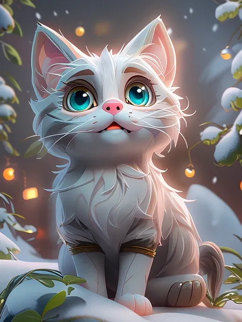 a cute little cat+Snow-white furry，Big bright eyes，A sweet smile，Movie Lighting， ultra clear details， Ultra-transparent material， Close-up of， complex texture， rendering by octane， zbrush， 8K， 