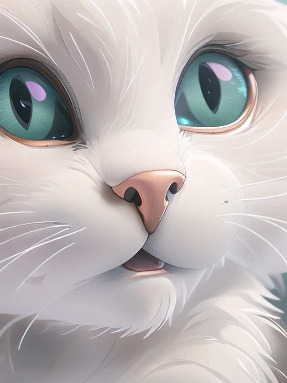 a cute little cat+Snow-white furry，Big bright eyes，A sweet smile，Movie Lighting， ultra clear details， Ultra-transparent material， Close-up of， complex texture， rendering by octane， zbrush， 8K， 