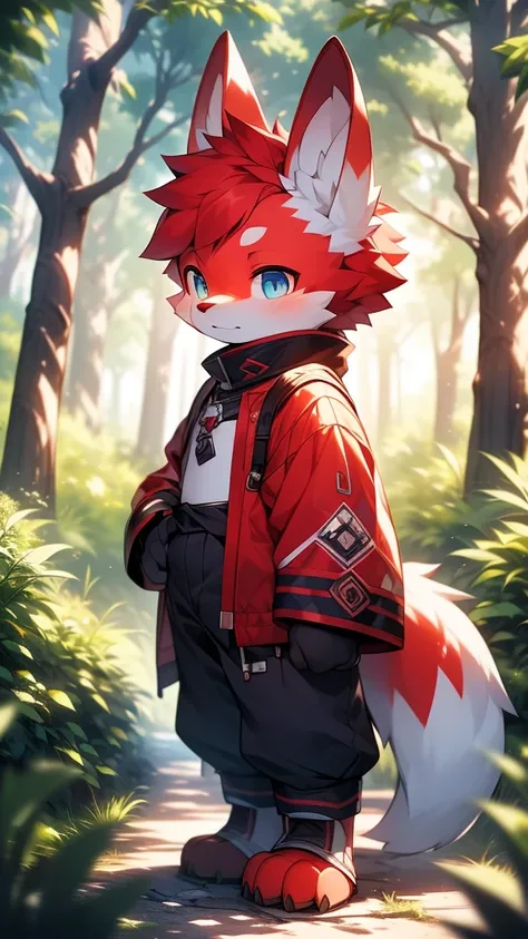 lustful boy，white furry wolf，((Shota)), red hair, blue eyes, Very good shape, handsome，cute, ,living alone, light：Blurred light and shadow, reflective surface,Red skin，((damaged clothing，common people)) ，((Deep in the woods，stone path，signal，single，person ...