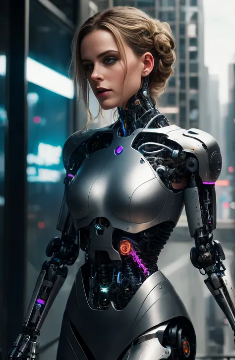 The intimate relationship of a male cyborg and a female cyborg in a skyscraper office in a big city, (best quality, 4k, 8k, highres,masterpiece:1.2), absurdres, masterpiece, beautiful, intricate details, 1/2 body crop, slim body, beautiful figure, magnific...