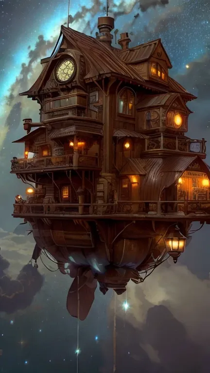 background picture, starry sky, steampunk, floating building