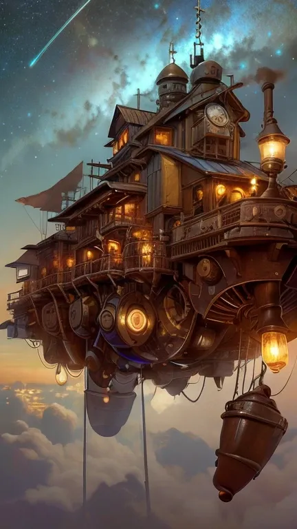 background picture, starry sky, steampunk, floating building, gear, pipe, bulbs