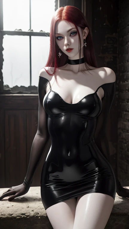 Ultra realistic, 16k, best quality, high resolution, erotic hot, erotic dream atmosphere, 1 girl, 18 years old, long red hair, sexy eyes look, pale white skin, sweaty skin, earrings, sexy black latex dress, big natural breasts, hot big tits, slender tall h...