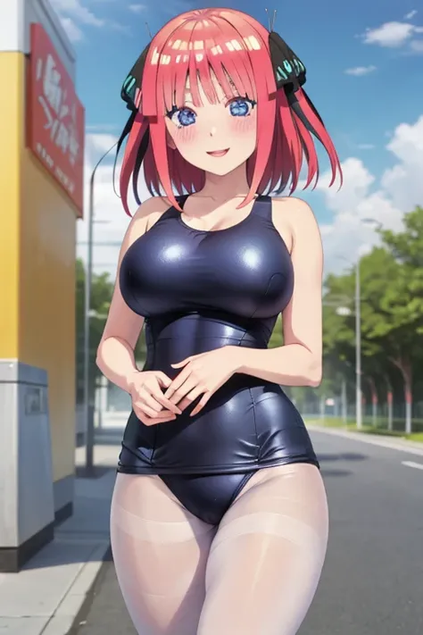 best quality, ultra-detailed masterpiece, anime art style, cute characters, nino nakano, one-piece swimsuit, large breasts, pantyhose, blush, smile