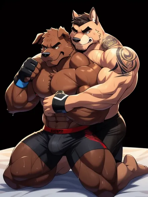 Duo male fighters(Brown Dog vs Brown Dog, handsomes, perfect eyes, Thick eyebrows), beso gay(Cuddling kneeling embraced around his neck from behind, Trying to escape with a punch, in a bed match), hot(Full body, shirtless), handsomes(They are handsomes, co...