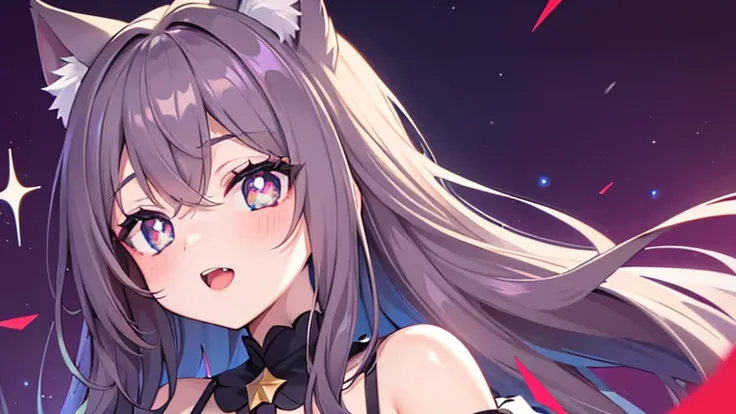 (masterpiece, highest quality), ((One girl, (Mature Woman) Long Hair), (Star-shaped pupils,  +_+, symbol-shaped pupil, Sparkling eyes), (Cat ear, Open your mouth)), (View your viewers, A light smile, Off the shoulder), (Abstract, Multicolored background, A...