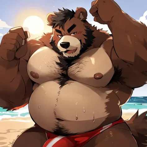 Chubby, furry,male , anthro bear, dark orange fur, cream fur, black hair, very plump, middle aged  , mouth covered mustache,Thick beard, seductive  , detailed , half body , tight tank top, lifted up, chest and belly exposed, naked, hard penis, extremely ho...